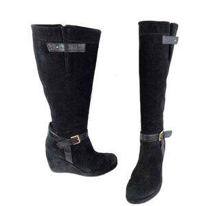 Anyi Lu Size 8M Blaire Black Suede Knee High Platform Wedge Harness Boots